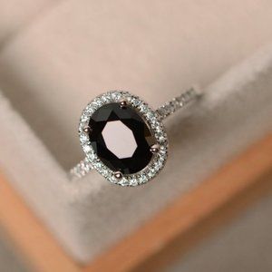 NEW Silver Black Onyx Diamond Halo Oval Cut Ring